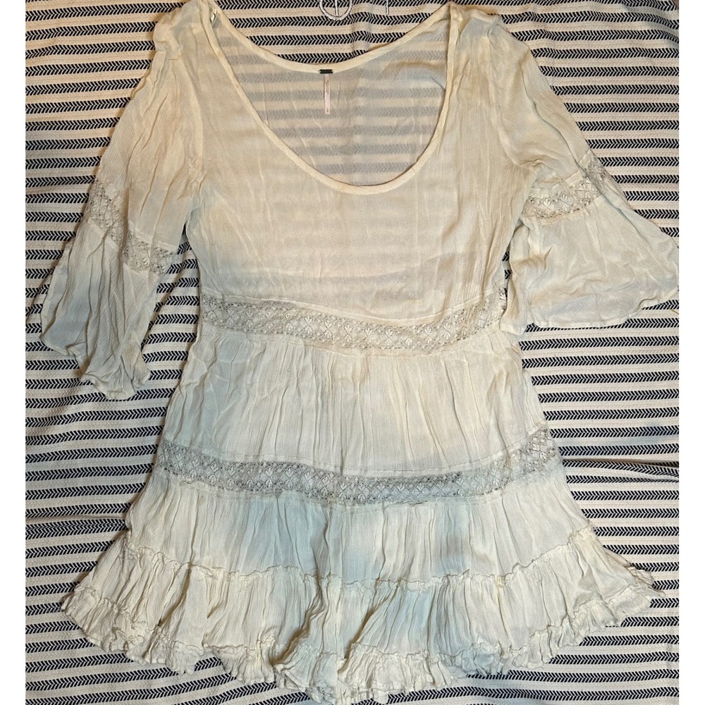 Free People Ivory Lace Tiered Bell Sleeve Mini‎ Dress Boho Festival Size L